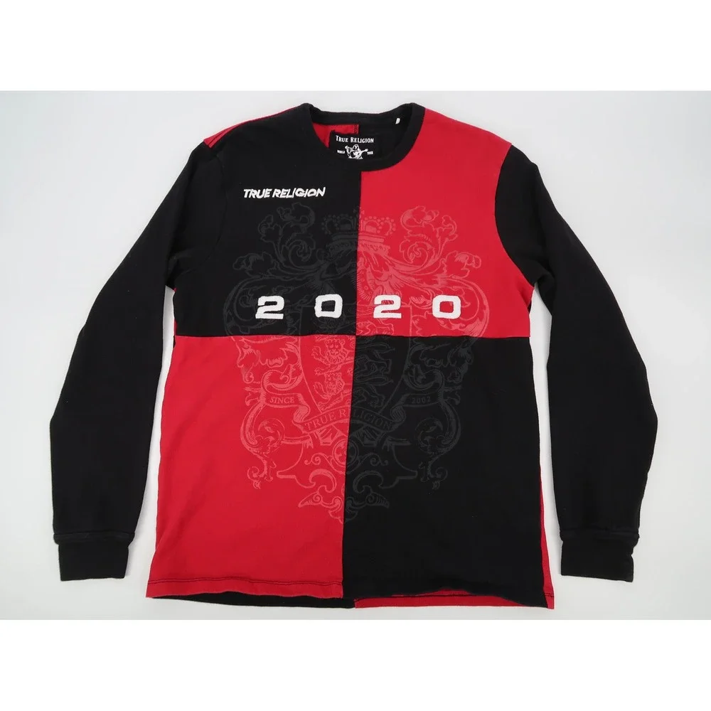 True Religion Mens Large Embroidered Logo Long Sleeve Crew Neck Red‎ Black